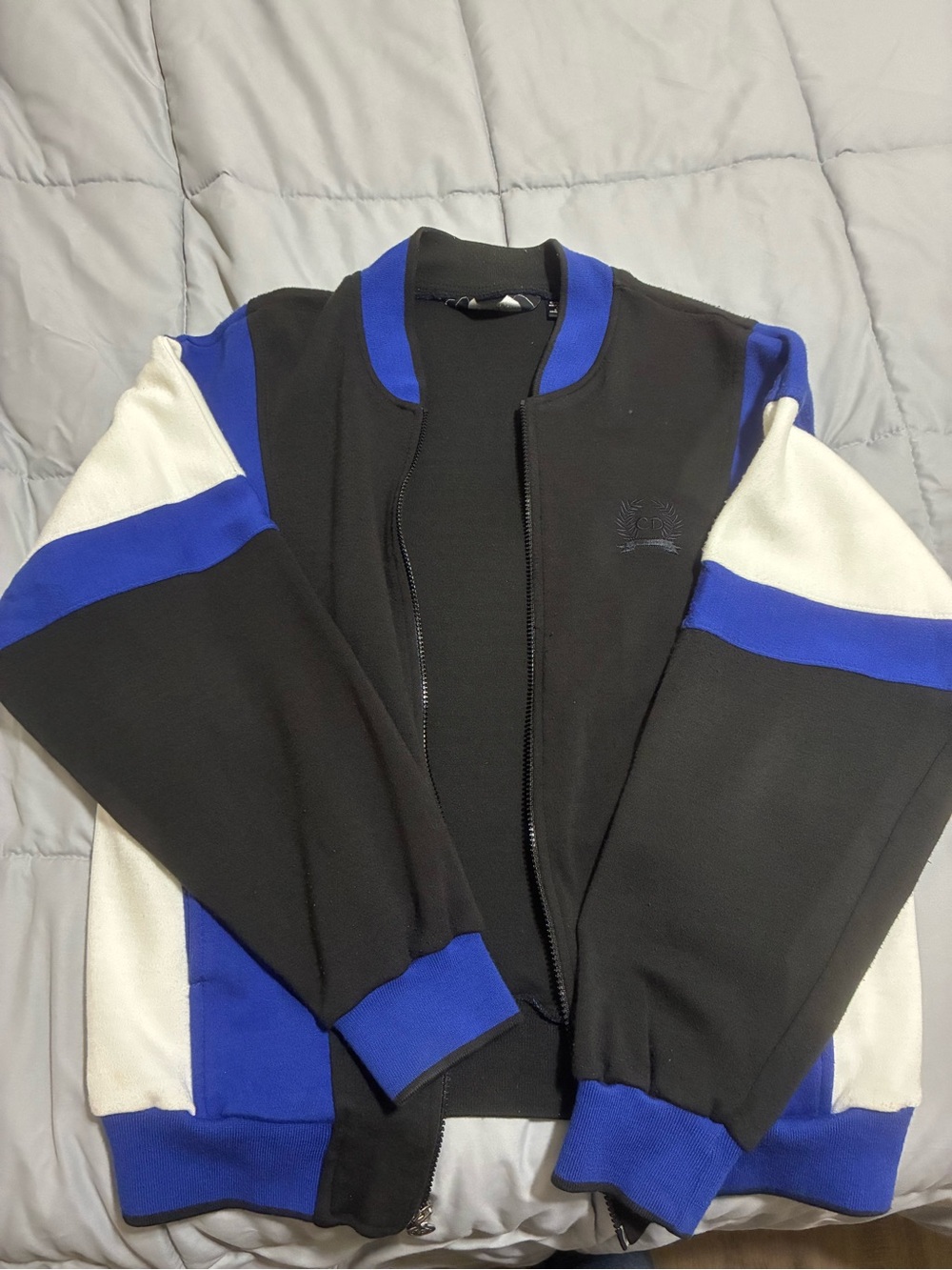 Men's Black and Royal Blue Zip-Up Bomber Sweater